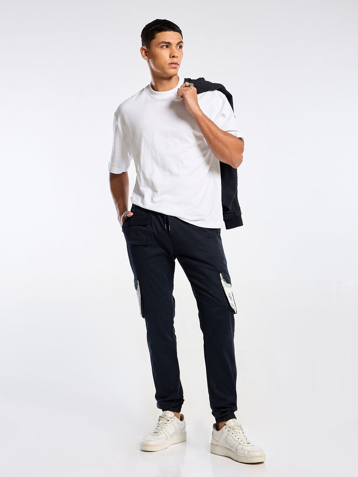 Navy Blue Solid Cargo Jogger for Men Mankright