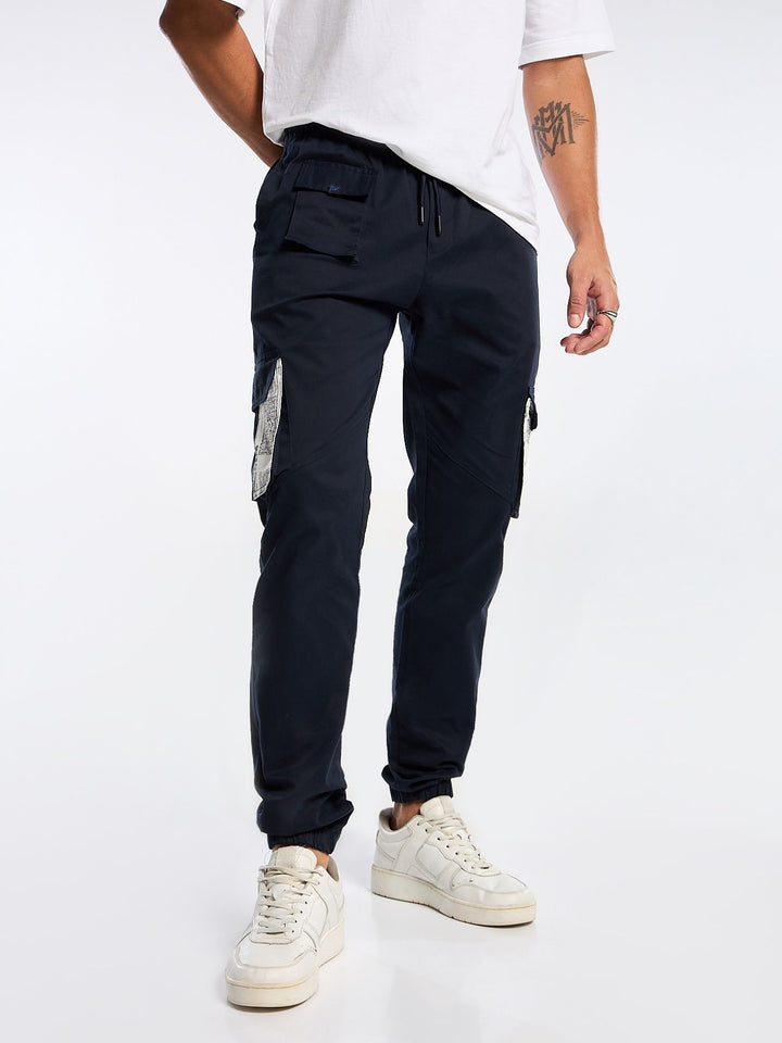 Navy Blue Solid Cargo Jogger for Men Mankright