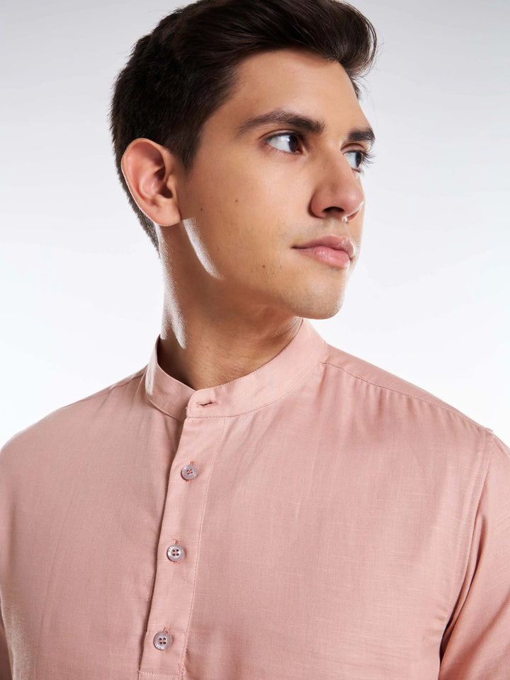 Mandarin Collar Full Sleeve Linen Short Kurta - Rosy Brown Mankright