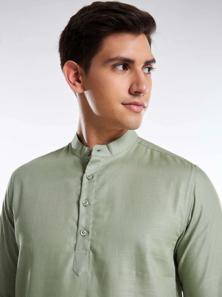 Mandarin Collar Full Sleeve Linen Short Kurta - Greenish Grey Mankright