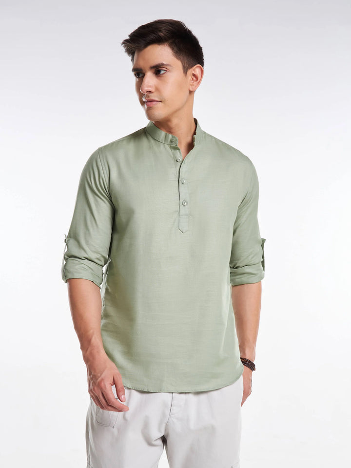 Mandarin Collar Full Sleeve Linen Short Kurta - Greenish Grey Mankright