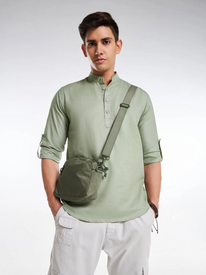 Mandarin Collar Full Sleeve Linen Short Kurta - Greenish Grey Mankright