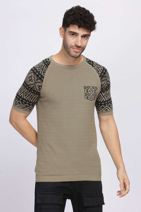 Nordic Knit Olive Green Round Neck T-Shirt Mankright