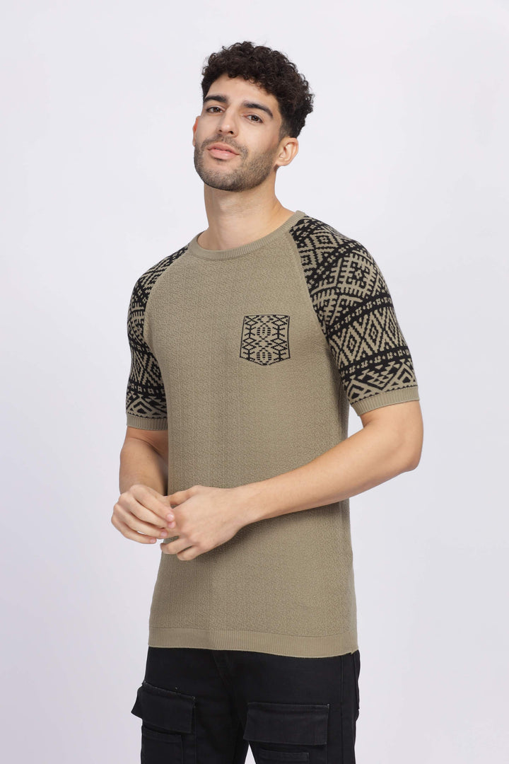 Nordic Knit Olive Green Round Neck T-Shirt Mankright