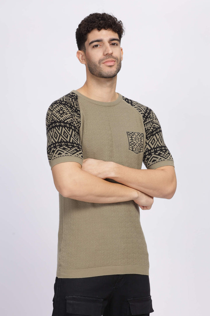 Nordic Knit Olive Green Round Neck T-Shirt Mankright