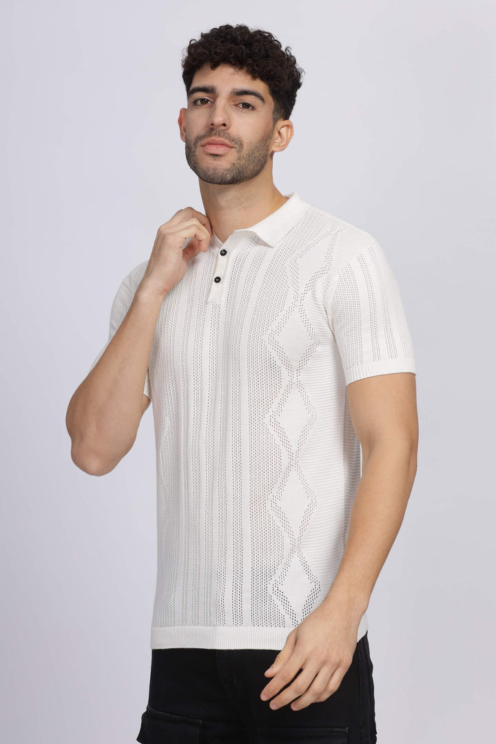 Diamond Knit White Polo T-Shirt Mankright