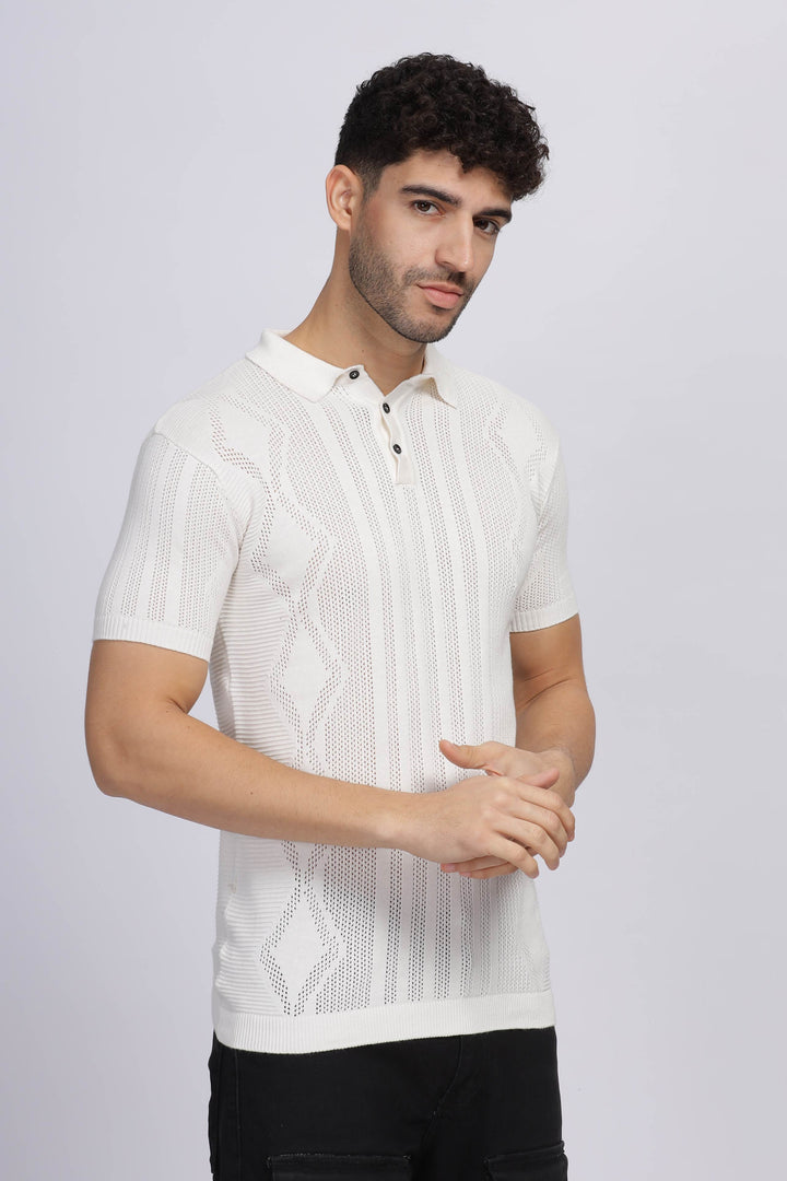 Diamond Knit White Polo T-Shirt Mankright