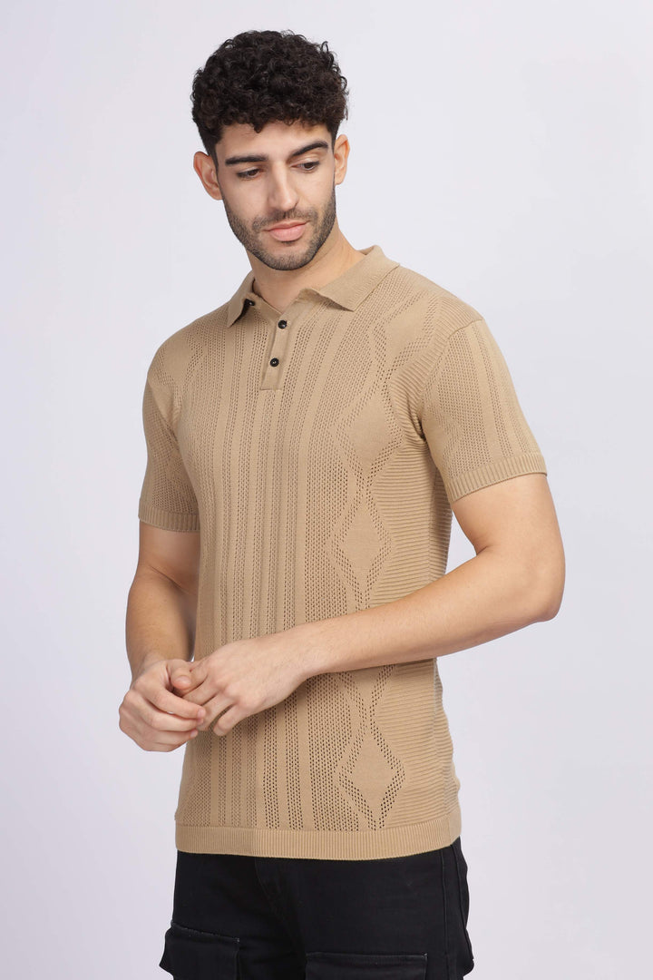 Diamond Knit Beige Polo T-Shirt Mankright