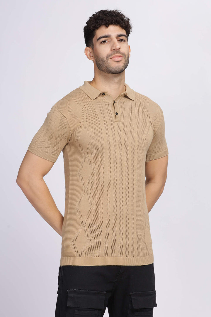 Diamond Knit Beige Polo T-Shirt Mankright