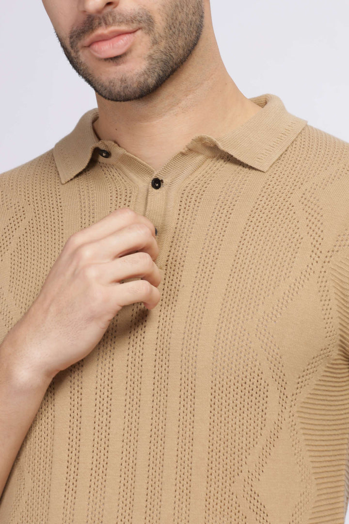 Diamond Knit Beige Polo T-Shirt Mankright