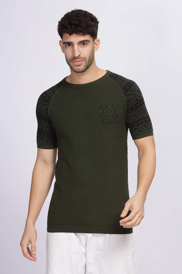 Nordic Knit Dark Green Round Neck T-Shirt Mankright