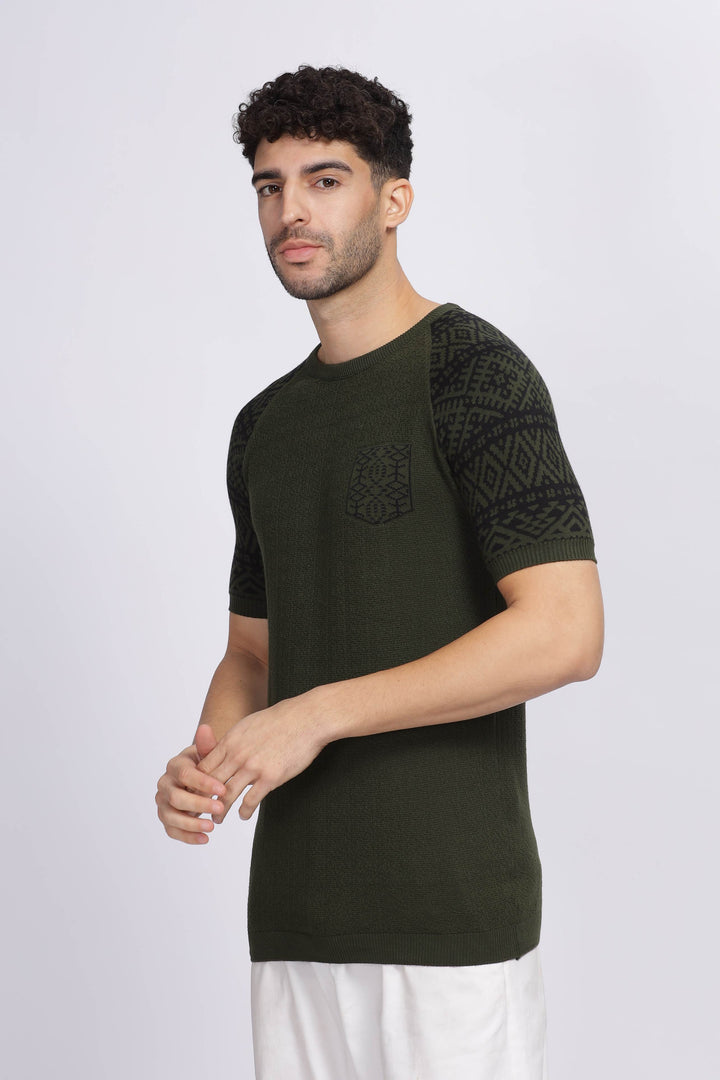 Nordic Knit Dark Green Round Neck T-Shirt Mankright