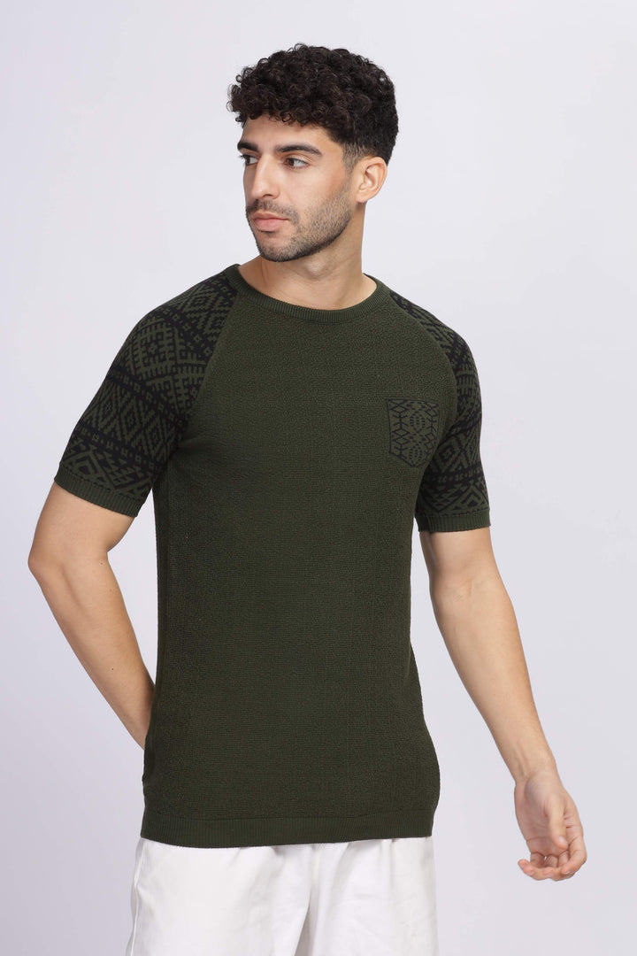 Nordic Knit Dark Green Round Neck T-Shirt Mankright