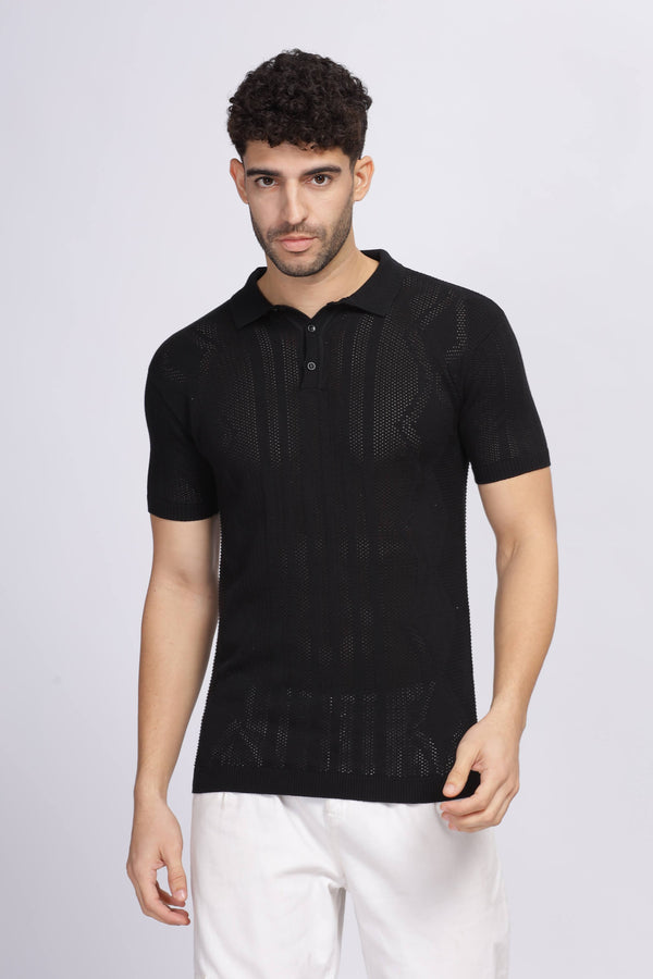 Diamond Knit Black Polo T-Shirt Mankright