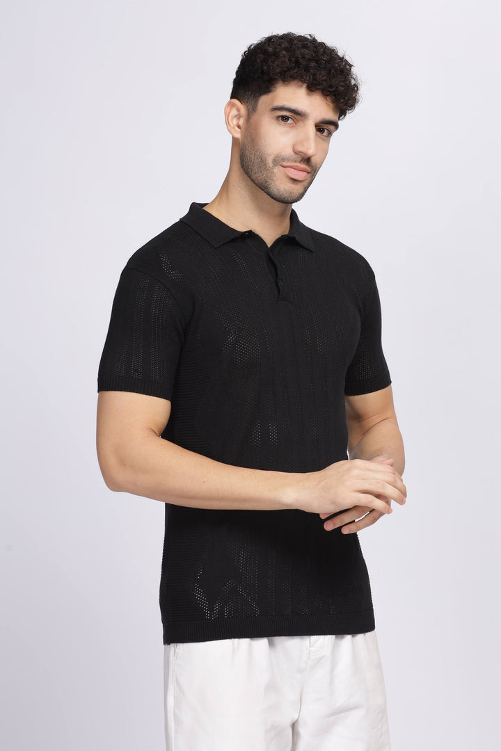 Diamond Knit Black Polo T-Shirt Mankright