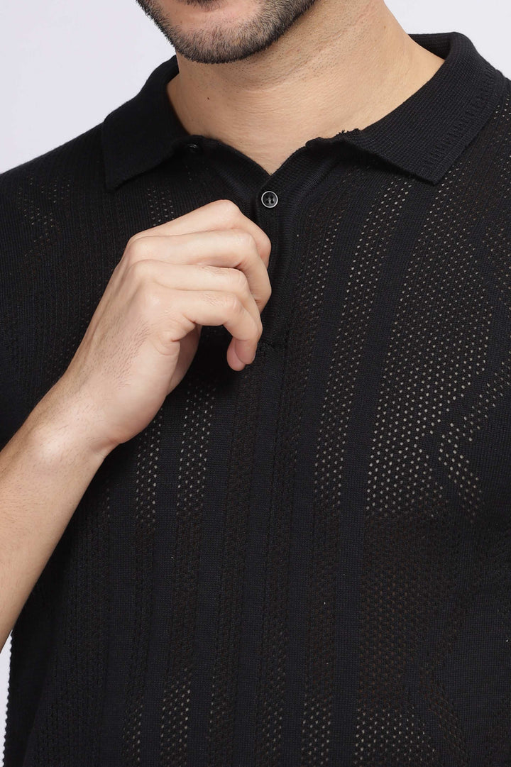 Diamond Knit Black Polo T-Shirt Mankright