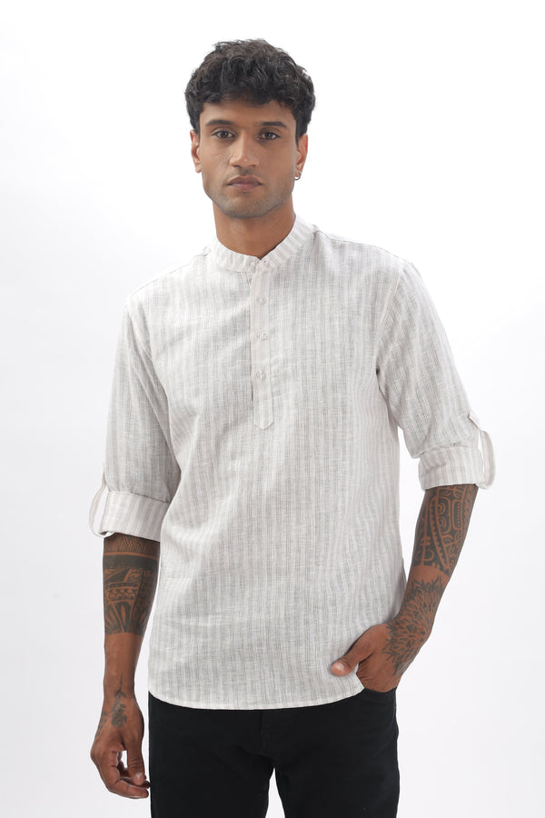 Elegant Stripes Mandarin Collar Full Sleeve Linen Short Kurta Mankright