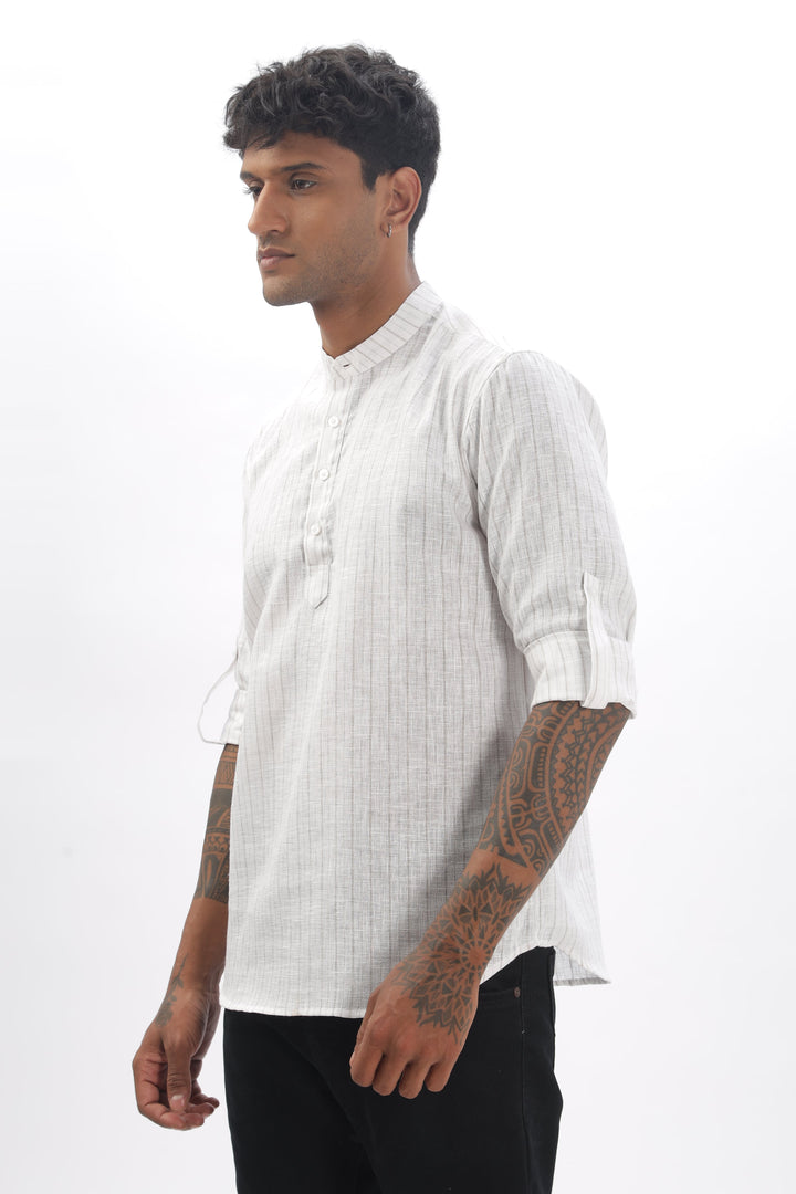 Pure Stripe Mandarin Collar Full Sleeve Linen Short Kurta Mankright