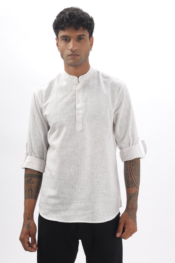 Linear Striped Mandarin Collar Full Sleeve Linen Short Kurta Mankright