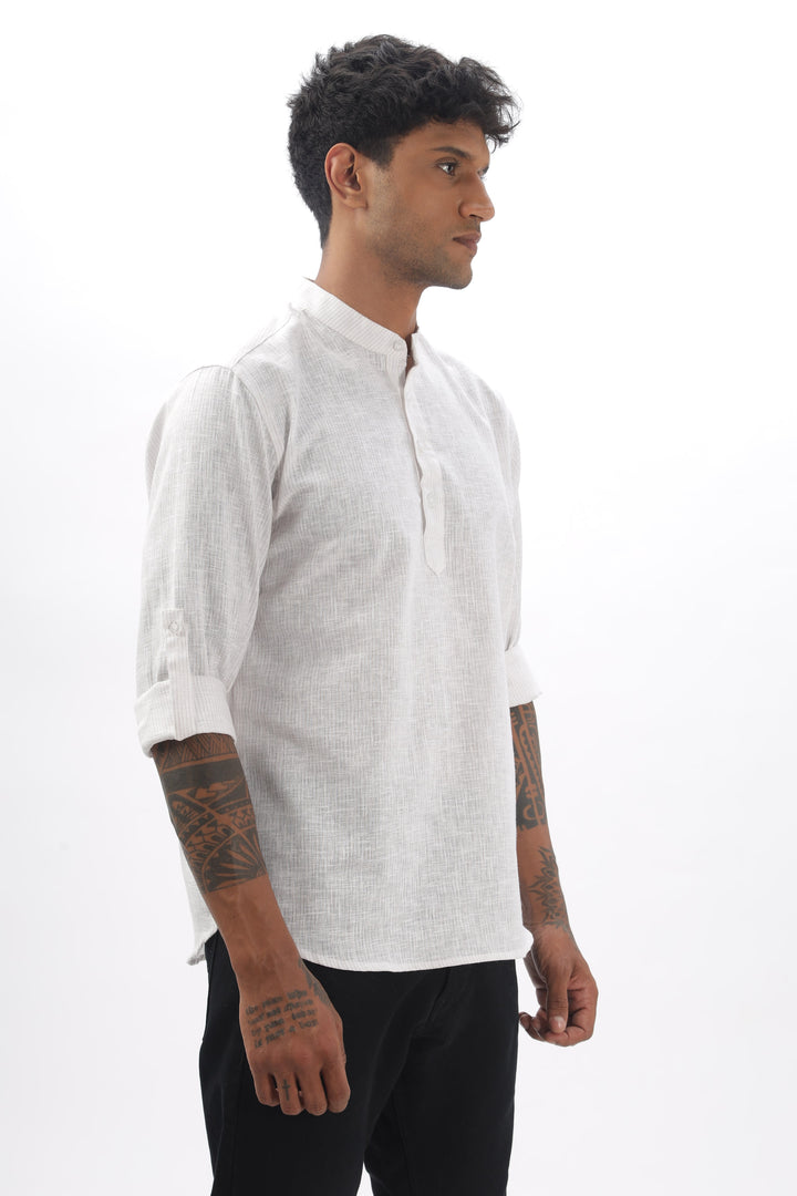 Linear Striped Mandarin Collar Full Sleeve Linen Short Kurta Mankright