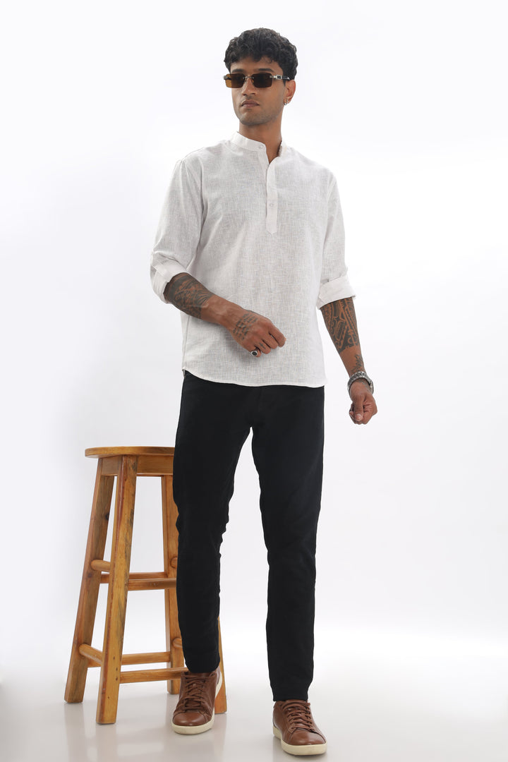 Linear Striped Mandarin Collar Full Sleeve Linen Short Kurta Mankright