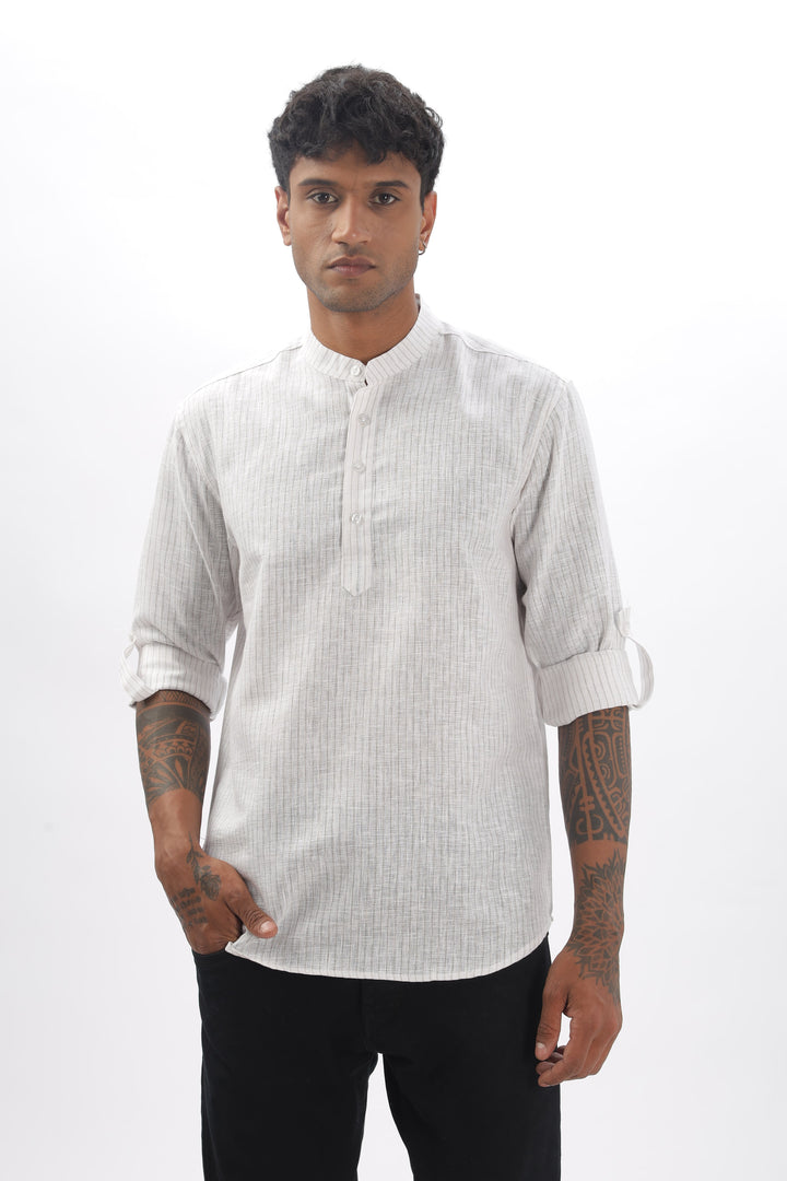 Linear Comfort Mandarin Collar Full Sleeve Linen Short Kurta Mankright