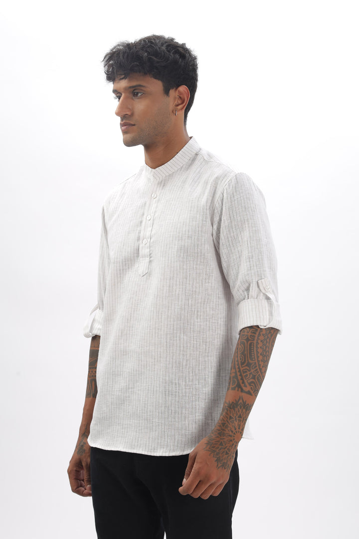 Linear Comfort Mandarin Collar Full Sleeve Linen Short Kurta Mankright