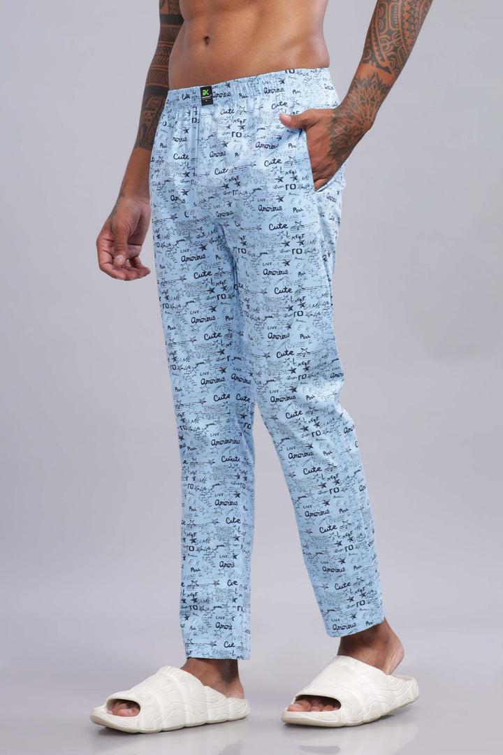 Men's Sky Blue All Over Printed Pyjamas Mankright