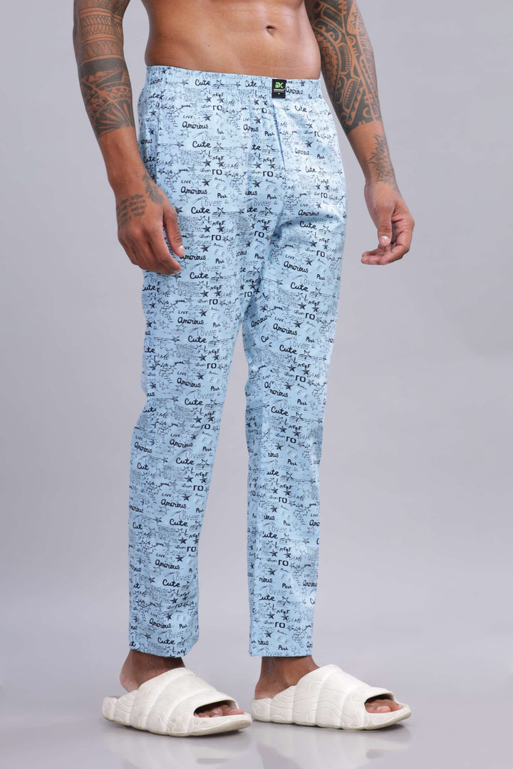 Men's Sky Blue All Over Printed Pyjamas Mankright