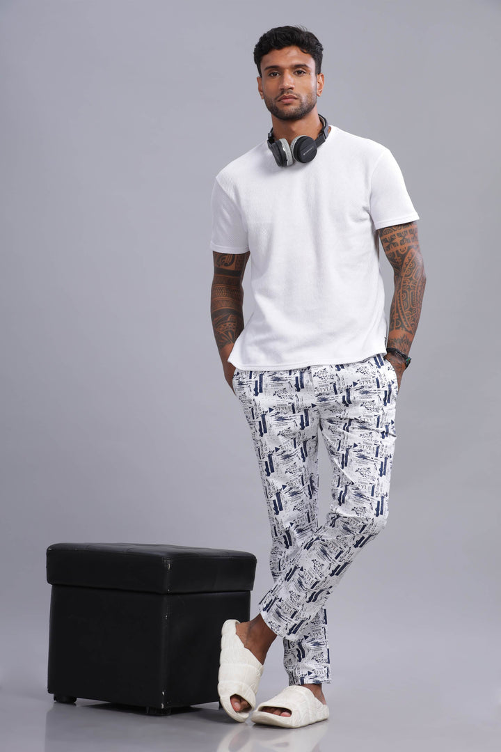 Men's White All Over Printed Pyjamas Mankright