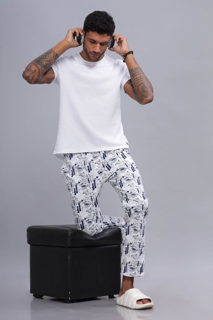 Men's White All Over Printed Pyjamas Mankright