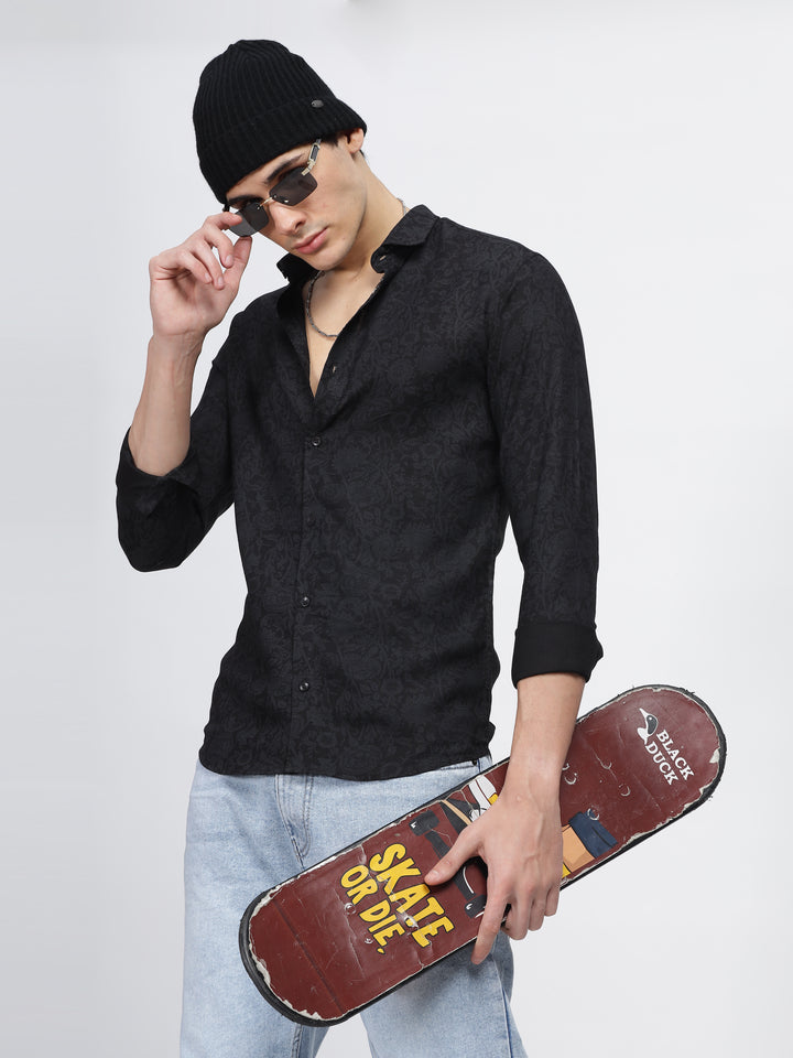 Black Slub Printed Premium Wear Shirt Mankright