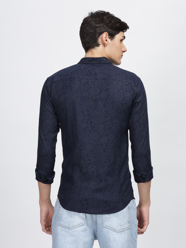 Navy Blue Slub Printed Premium Wear Shirt Mankright