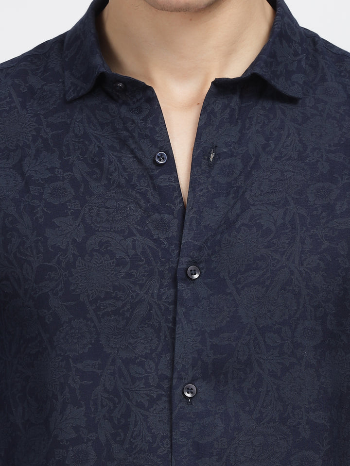 Navy Blue Slub Printed Premium Wear Shirt Mankright