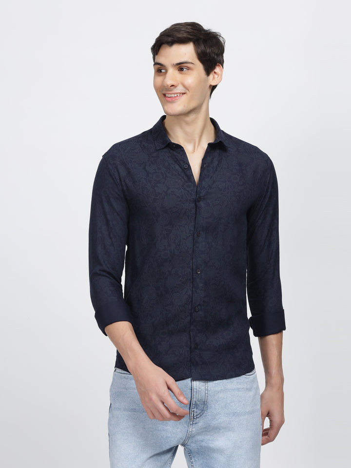 Navy Blue Slub Printed Premium Wear Shirt Mankright