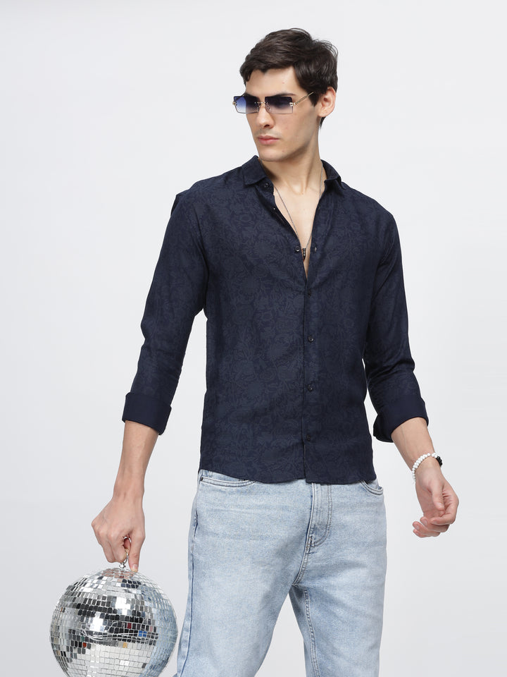 Navy Blue Slub Printed Premium Wear Shirt Mankright