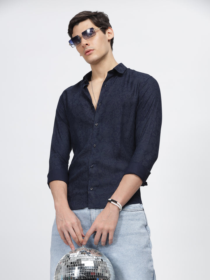 Navy Blue Slub Printed Premium Wear Shirt Mankright