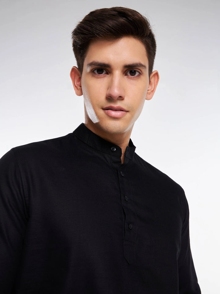 Mandarin Collar Full Sleeve Linen Short Kurta - Black Mankright