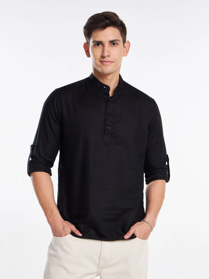 Mandarin Collar Full Sleeve Linen Short Kurta - Black Mankright