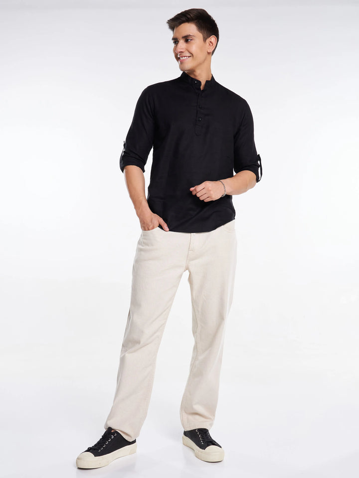 Mandarin Collar Full Sleeve Linen Short Kurta - Black Mankright