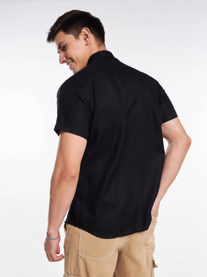 Linen Half Sleeve Classic Collar Shirt - Black Mankright