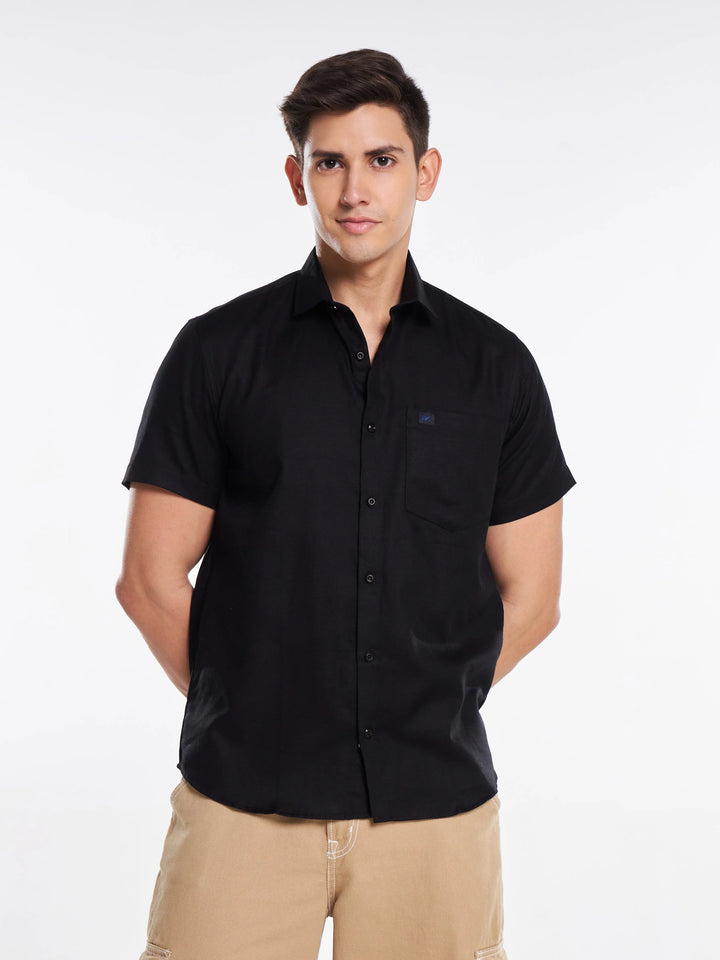 Linen Half Sleeve Classic Collar Shirt - Black Mankright