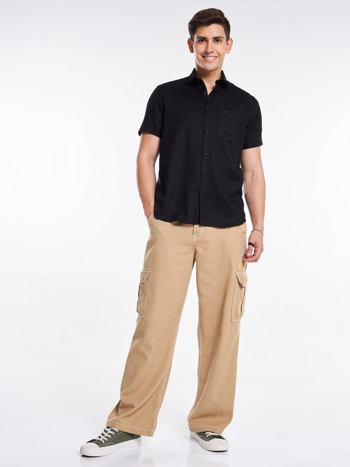 Linen Half Sleeve Classic Collar Shirt - Black Mankright