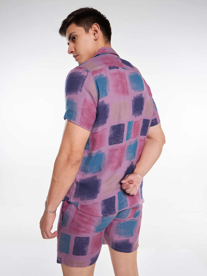 Purple Blue Color Block Abstract Men's Co-ord Set Mankright