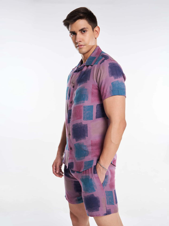 Purple Blue Color Block Abstract Men's Co-ord Set Mankright