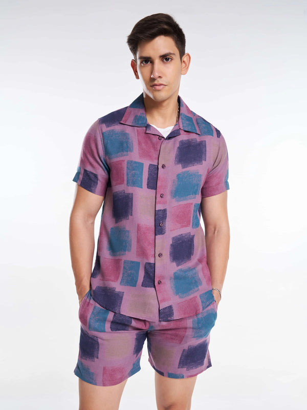 Purple Blue Color Block Abstract Men's Co-ord Set Mankright