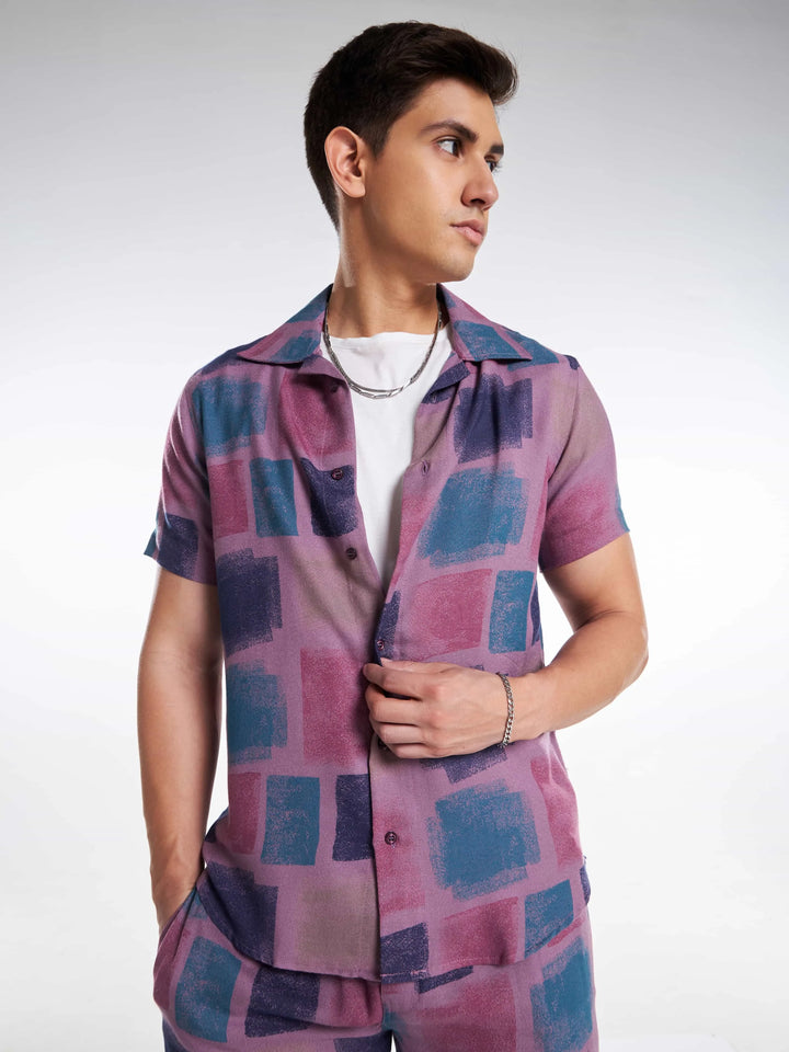 Purple Blue Color Block Abstract Men's Co-ord Set Mankright