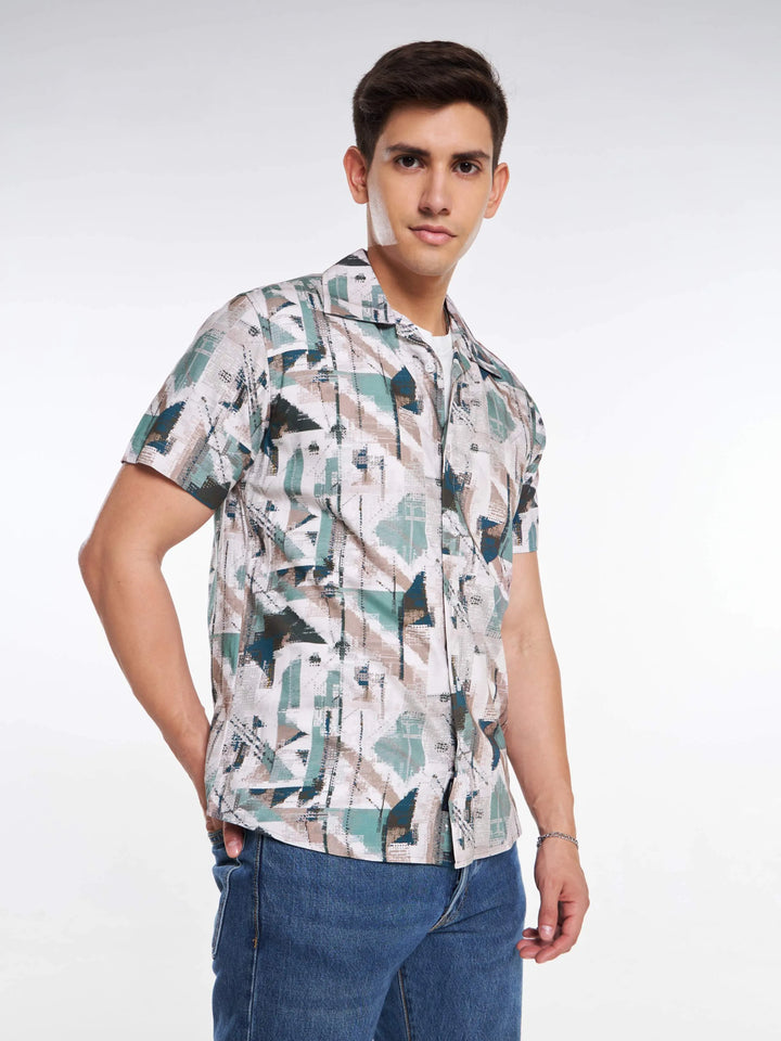 Teal Tech Print Half Sleeve Shirt Mankright