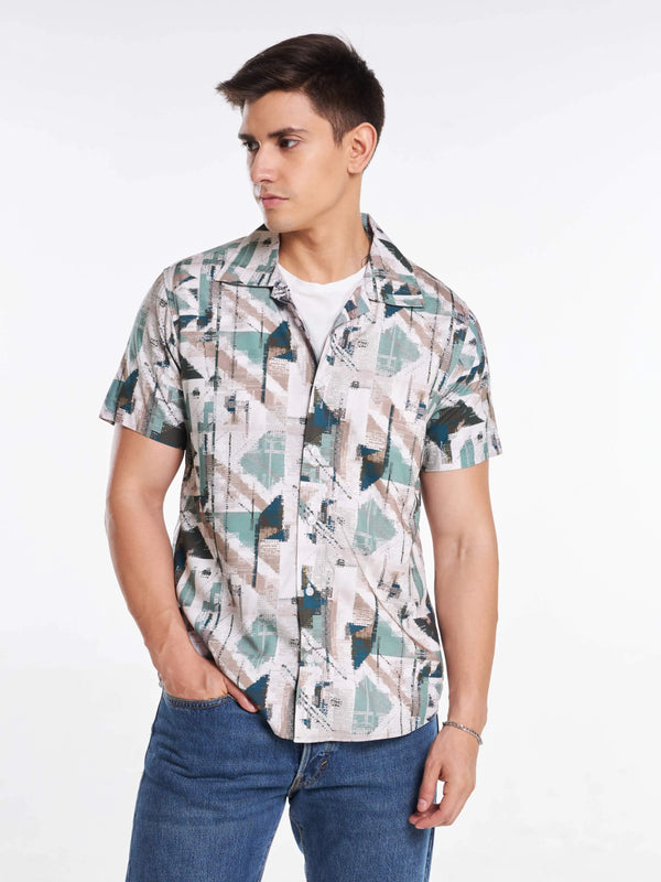 Teal Tech Print Half Sleeve Shirt Mankright