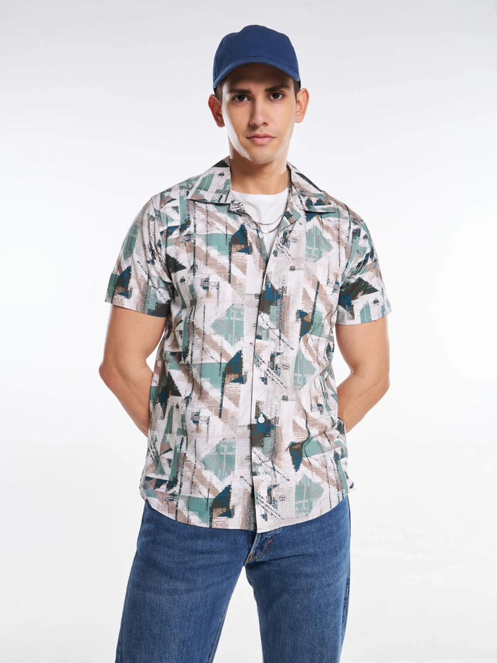 Teal Tech Print Half Sleeve Shirt Mankright